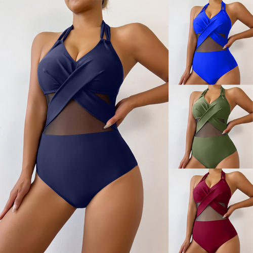 Women Halter Neck One-Piece Swimsuit Vintage Swimwear Retro Mesh Beachwear PQ25015