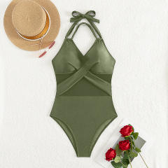 Women Halter Neck One-Piece Swimsuit Vintage Swimwear Retro Mesh Beachwear PQ25015