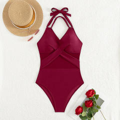 Women Halter Neck One-Piece Swimsuit Vintage Swimwear Retro Mesh Beachwear PQ25015