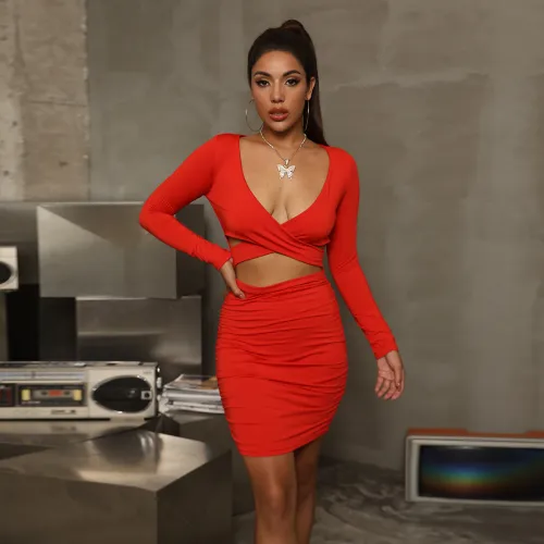 Sexy Long Sleeve Mini Dress For Woman V-neck Dresses Club Wear PQ1598