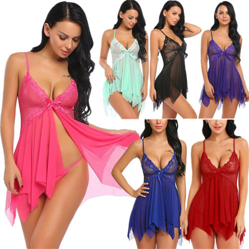 White Mesh Babydoll Lingerie Sheer Lace Nightdress For Women PQ3277D