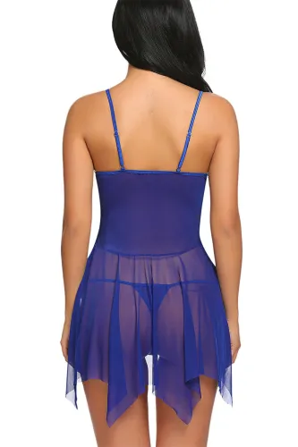 Blue Mesh Babydoll Lingerie Sheer Lace Nightdress For Women PQ3277G