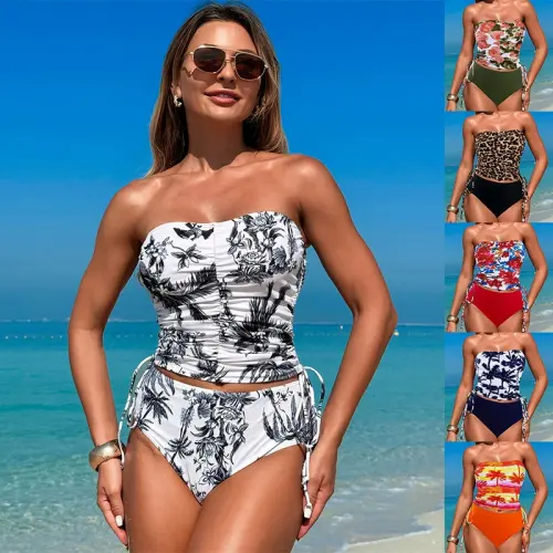 Women's Strapless Two-Piece Palm Print Swimsuit Tankini Tropical Bikini PQ2503