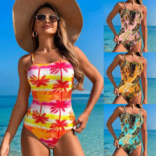 Palm Tree Print One-Piece Swimsuit Spaghetti Straps Vintage Bathers PQ2510