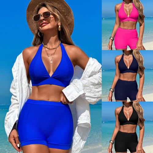 Women's Two Piece Swimsuit, Halter V-Neck Crop Top with High Waist Shorts PQ2517