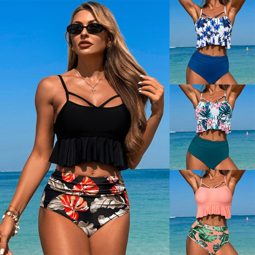 Women's Two Piece Swimsuit Ruffle Crop Bikini Top with Floral High Waist Bottom PQ2511