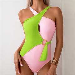 Two-Tone One-Piece Swimsuit for Womens Monokini Halter Swimwear Bathers PQ2402