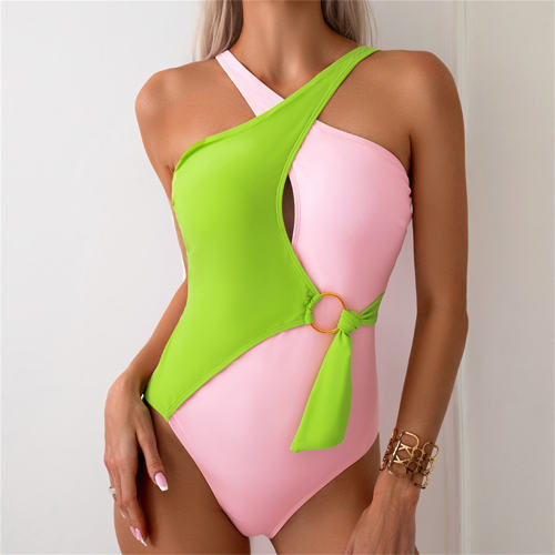 Two-Tone One-Piece Swimsuit for Womens Monokini Halter Swimwear Bathers PQ2402