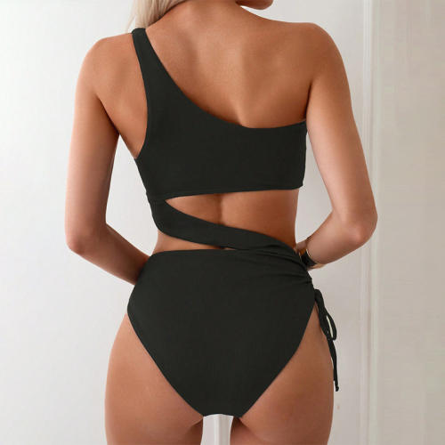 One Shoulder Swimsuit For Women Ribbed Cutout Monokini Bathing Suit PQ2473