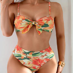 Two Piece Floral Bikini Set, High Waist Bottom with Bow Top PQ1017