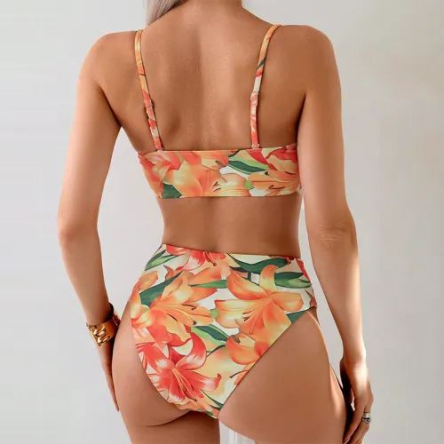 Two Piece Floral Bikini Set, High Waist Bottom with Bow Top PQ1017