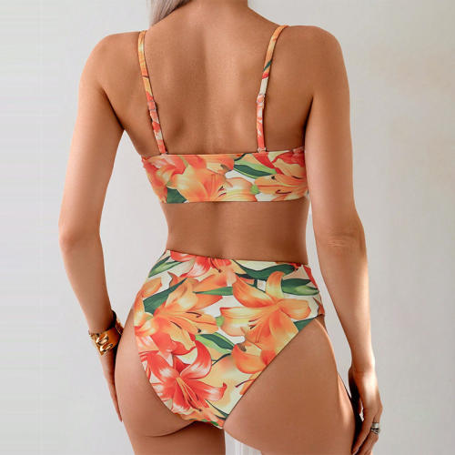 Two Piece Floral Bikini Set, High Waist Bottom with Bow Top PQ1017