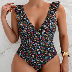 Floral Print One-Piece Swimsuit, V-Neck Ruffle Trim Bathing Suit Swimwear PQ-10048