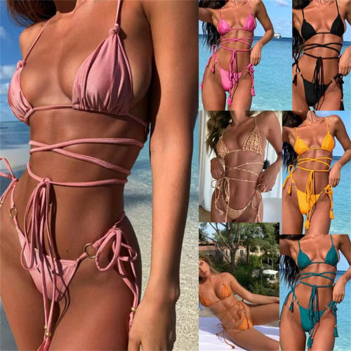 Strappy Two-Piece Swimsuit, Teal Triangle Bikini with Tassel Details PQ2047