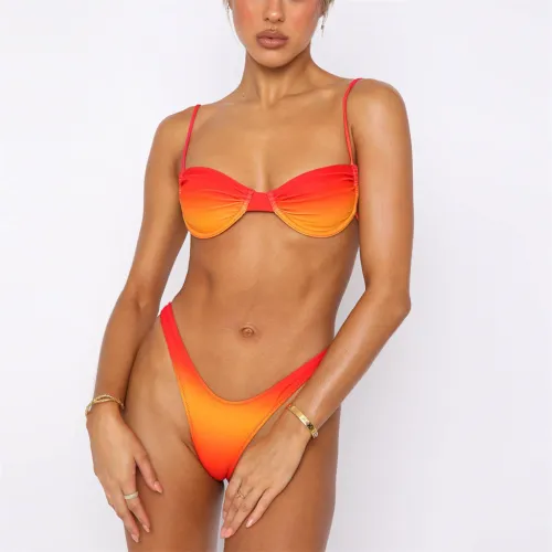 Women's Two-Piece Bikini Set Gradient Swimwear High Waist Bathing Suit PQ3035