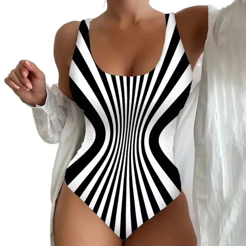 Woman One-Piece Swimsuit with Optical Illusion Stripe Pattern Swimwear PQ-GG-9