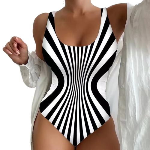 Woman One-Piece Swimsuit with Optical Illusion Stripe Pattern Swimwear PQ-GG-9