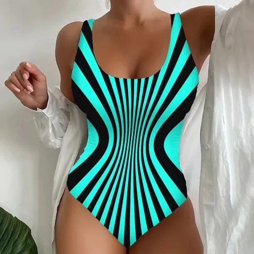 Woman One-Piece Swimsuit with Optical Illusion Stripe Pattern Swimwear PQ-GG-9