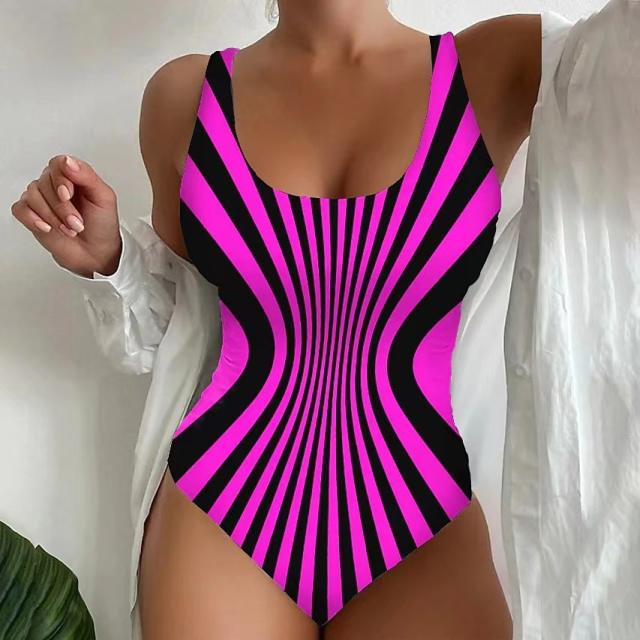 Woman One-Piece Swimsuit with Optical Illusion Stripe Pattern Swimwear PQ-GG-9