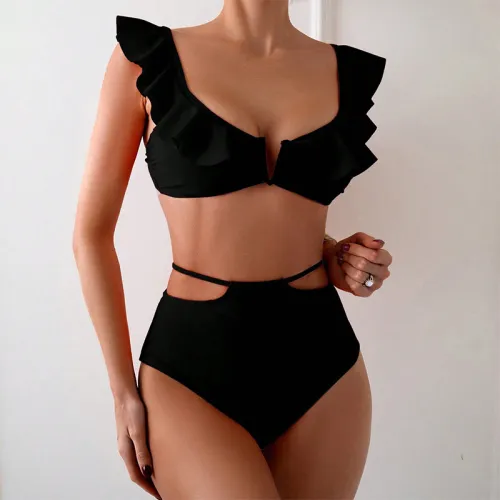 Women's Two Piece Swimsuit, Ruffled Solid Color Swimwear PQ9422