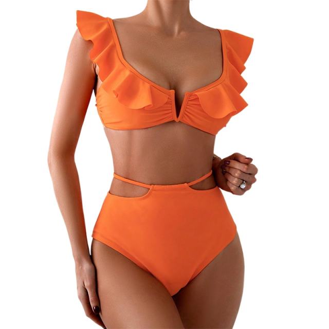 Women's Two Piece Swimsuit, Ruffled Solid Color Swimwear PQ9422