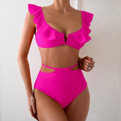 Women's Two Piece Swimsuit, Ruffled Solid Color Swimwear PQ9422