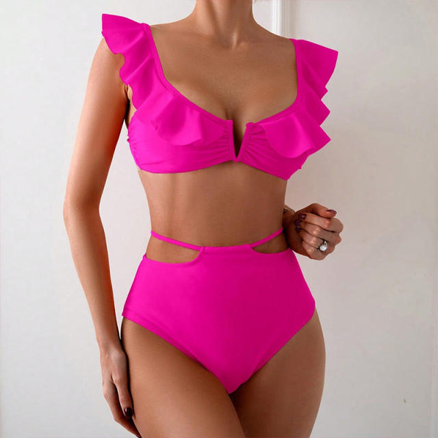Women's Two Piece Swimsuit, Ruffled Solid Color Swimwear PQ9422