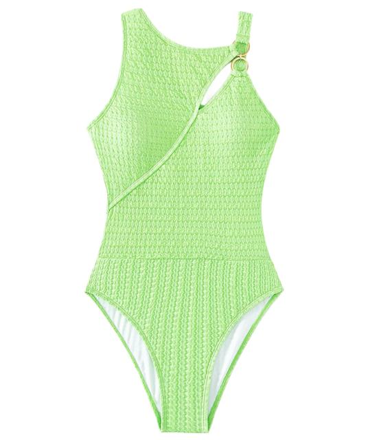 Textured One-Piece Swimsuit for Women, Asymmetric Cut with Ring Monokini PQ-Y1302
