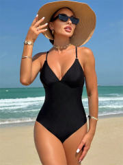 Solid Color One Piece Swimwear for Women V-Neck Swimsuit PQ-YD0354