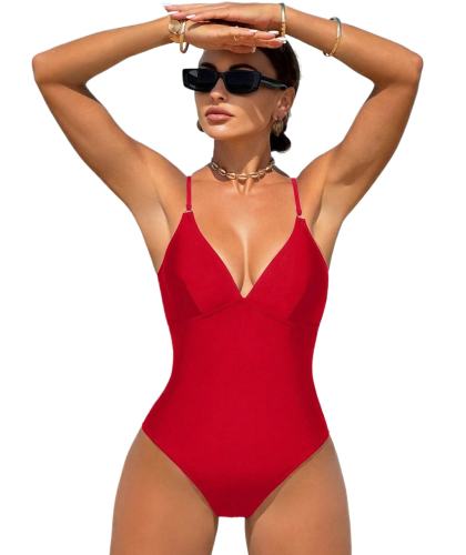 Solid Color One Piece Swimwear for Women V-Neck Swimsuit PQ-YD0354