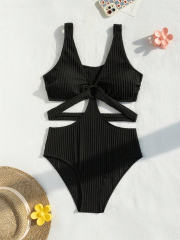 Solid Color One Piece Swimwear for Women Monokini Deep V-Neck Swimsuit PQ2025
