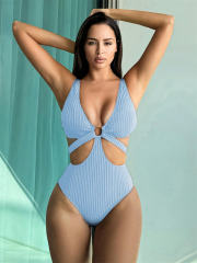Solid Color One Piece Swimwear for Women Monokini Deep V-Neck Swimsuit PQ2025