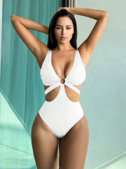 Solid Color One Piece Swimwear for Women Monokini Deep V-Neck Swimsuit PQ2025