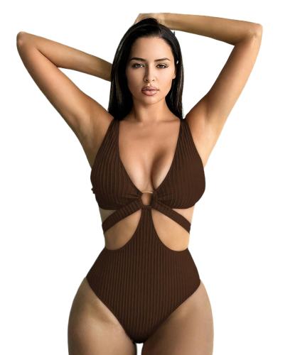 Solid Color One Piece Swimwear for Women Monokini Deep V-Neck Swimsuit PQ2025