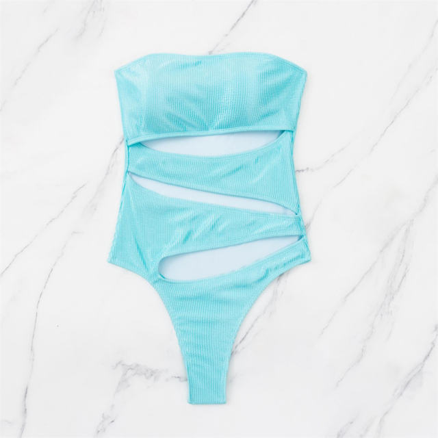 Strapless Cutout Ribbed Swimsuit for Womens Off Shoulder Bathers PQ4007