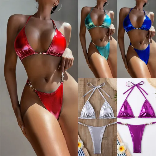 Metallic Red Two-Piece Bikini Set, Sexy Micro Swimwear PQ24008
