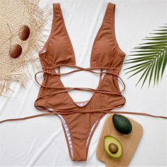 Women's Deep V-Neck One Piece Swimsuit, Strappy Cutout Design Beach Wear PQ-A992