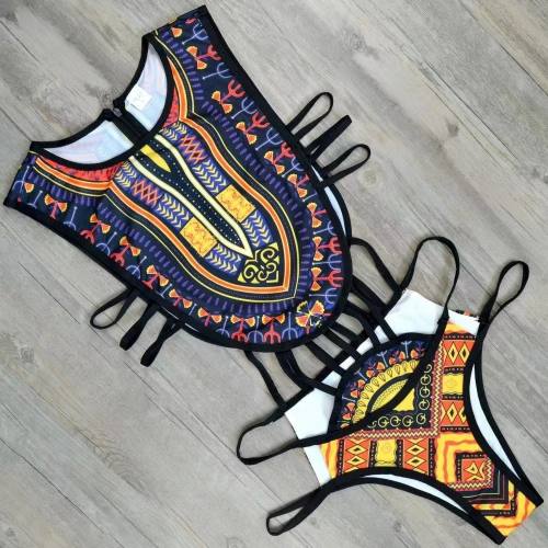 African Print Monokini Swimsuit, High Neck Cut Out Swimwear PQ8036
