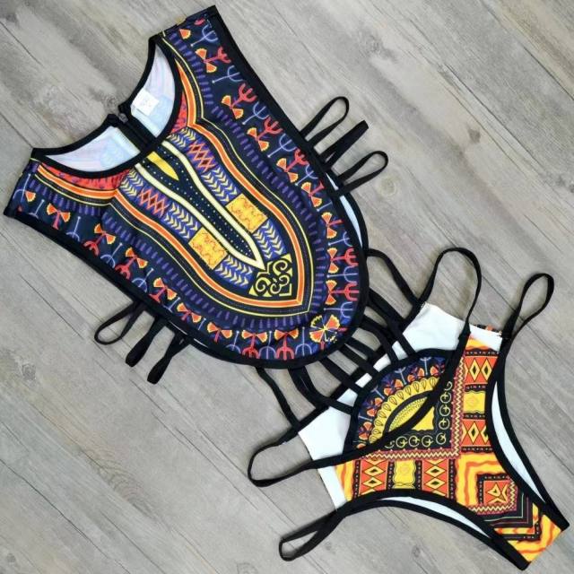 African Print Monokini Swimsuit, High Neck Cut Out Swimwear PQ8036