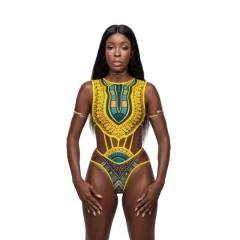 African Print Monokini Swimsuit, High Neck Cut Out Swimwear PQ8036