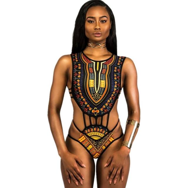 African Print Monokini Swimsuit, High Neck Cut Out Swimwear PQ8036