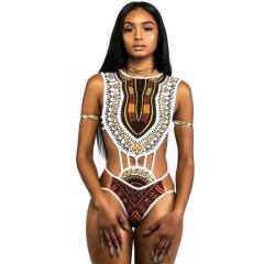 African Print Monokini Swimsuit, High Neck Cut Out Swimwear PQ8036