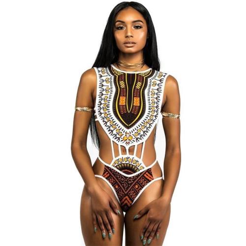 African Print Monokini Swimsuit, High Neck Cut Out Swimwear PQ8036