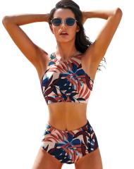 Women's Tropical Print High Waist Bikini Set, Palm Leaf Pattern Swimwear PQ23016