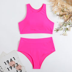 Women's Tropical Print High Waist Bikini Set, Palm Leaf Pattern Swimwear PQ23016