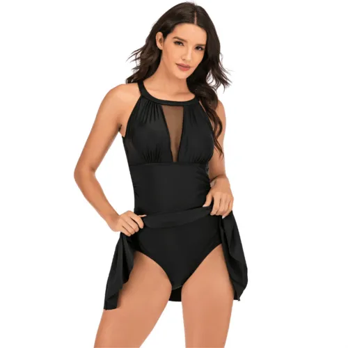 Women's One Piece Swimsuit with Mesh Insert and Wrap Skirt, Vintage Swimming Dress PQ2042