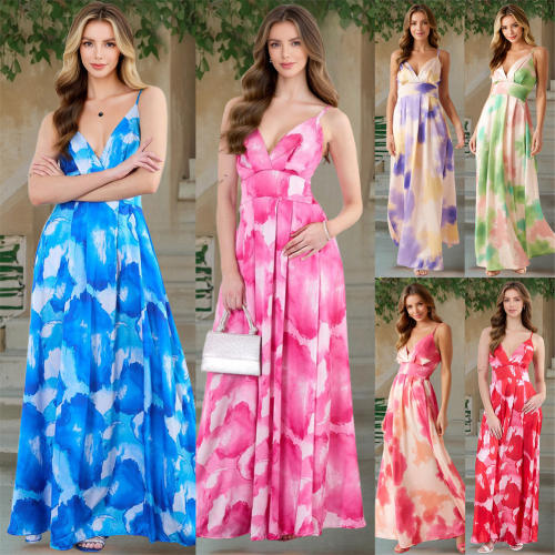 Women Casual Boho Dresses Summer Spaghetti Strap Maxi Dress PQ-HD033