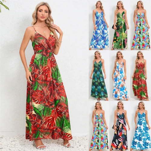 Women Floral Print Boho Dresses Summer Spaghetti Strap Maxi Dress PQ-HD805