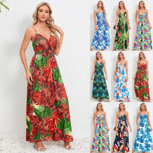 Women Floral Print Boho Dresses Summer Spaghetti Strap Maxi Dress PQ-HD805