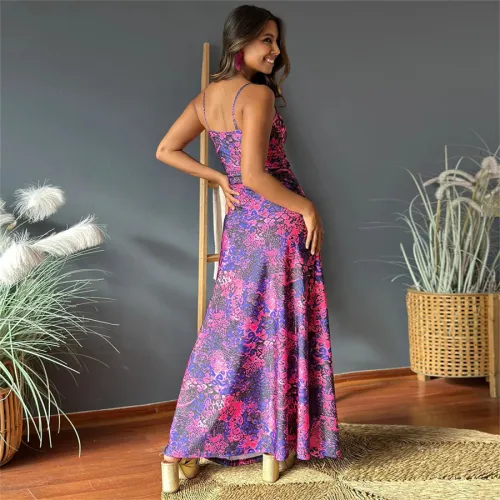 Women Floral Print Boho Dresses Summer Deep V-neck Maxi Dress PQ-LQ895